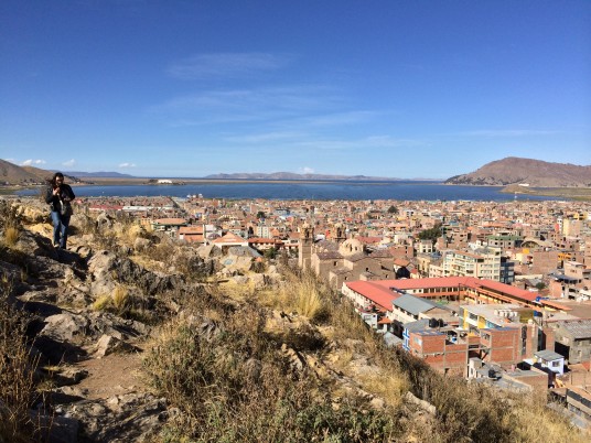 Views of Puno town and Titicaca from little mirador near Plaza de Armas